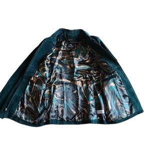 Dark Teal Blue Suede Leather Jacket w/ printed satin lining